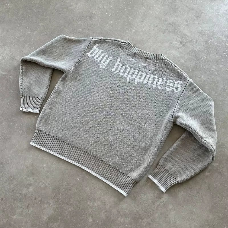 Y2K Grey Long Sleeve Sweater Dollar Gothic Embroidery Pullover Goth Retro Casual Streetwear Old Money Men Boxy Knitted Clothing