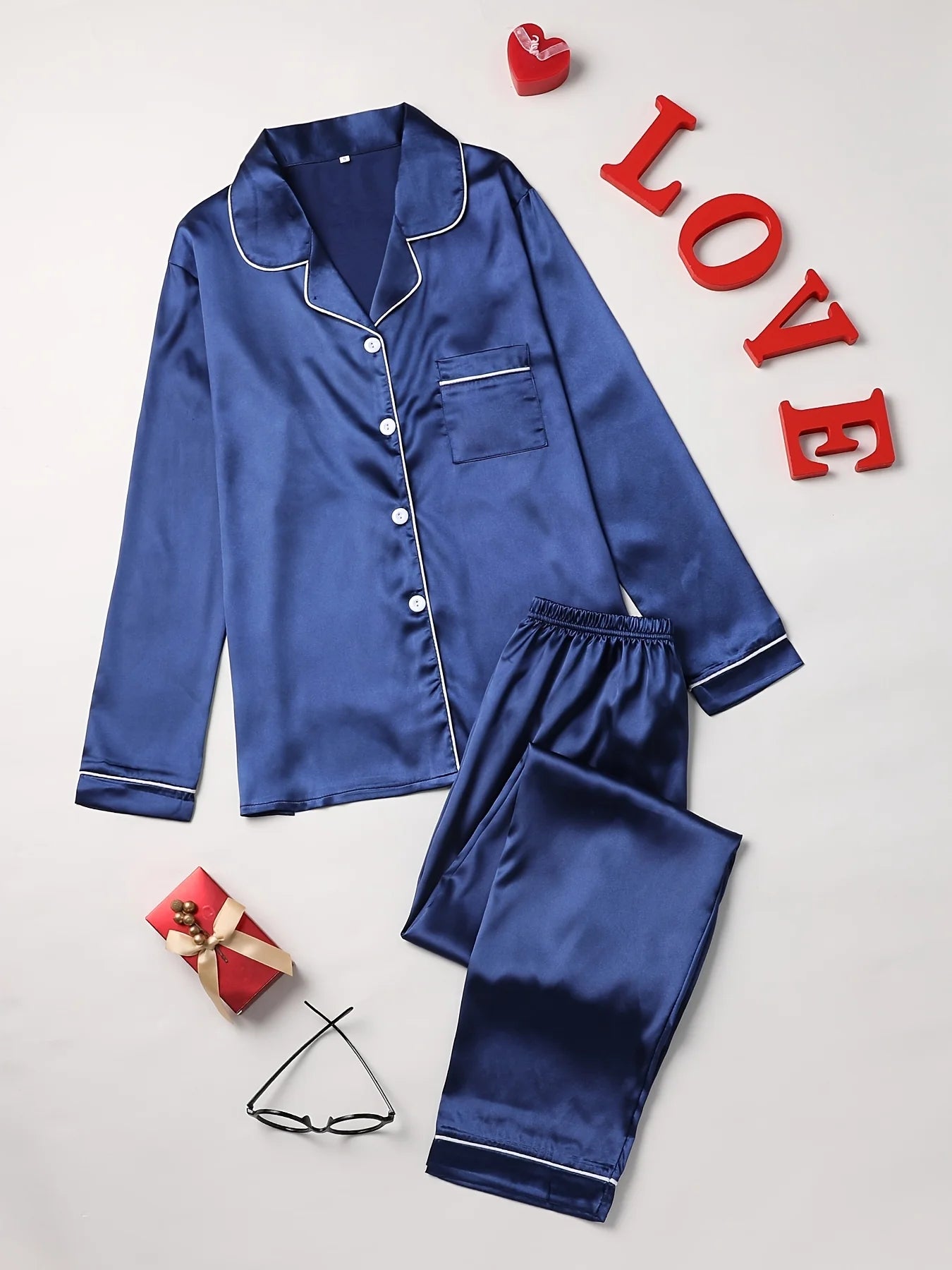 Solid Pajama Set Long Sleeve Button up Lapel Top & Pants Pj Set Women'S Sleepwear & Loungewear