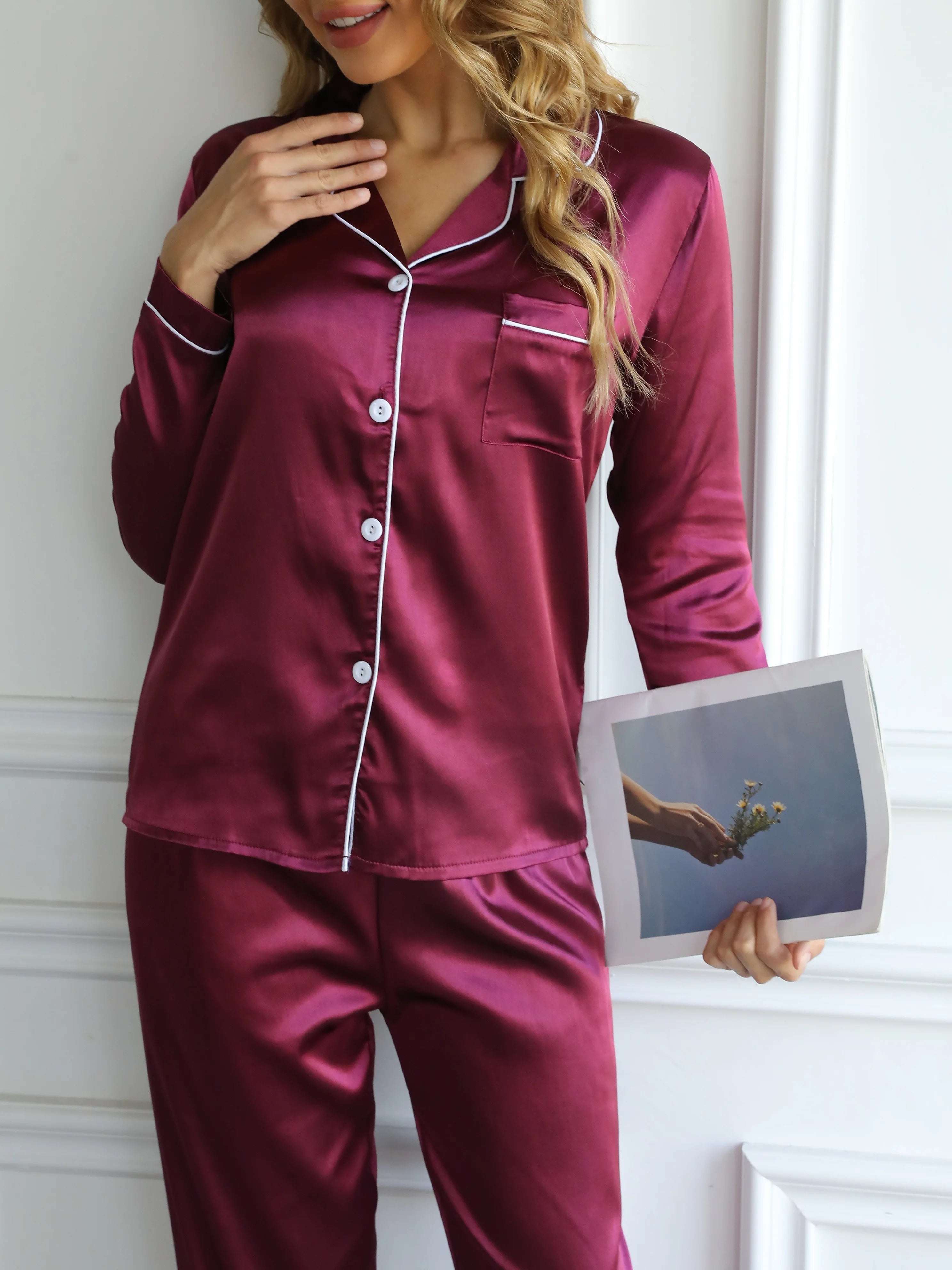 Solid Pajama Set Long Sleeve Button up Lapel Top & Pants Pj Set Women'S Sleepwear & Loungewear