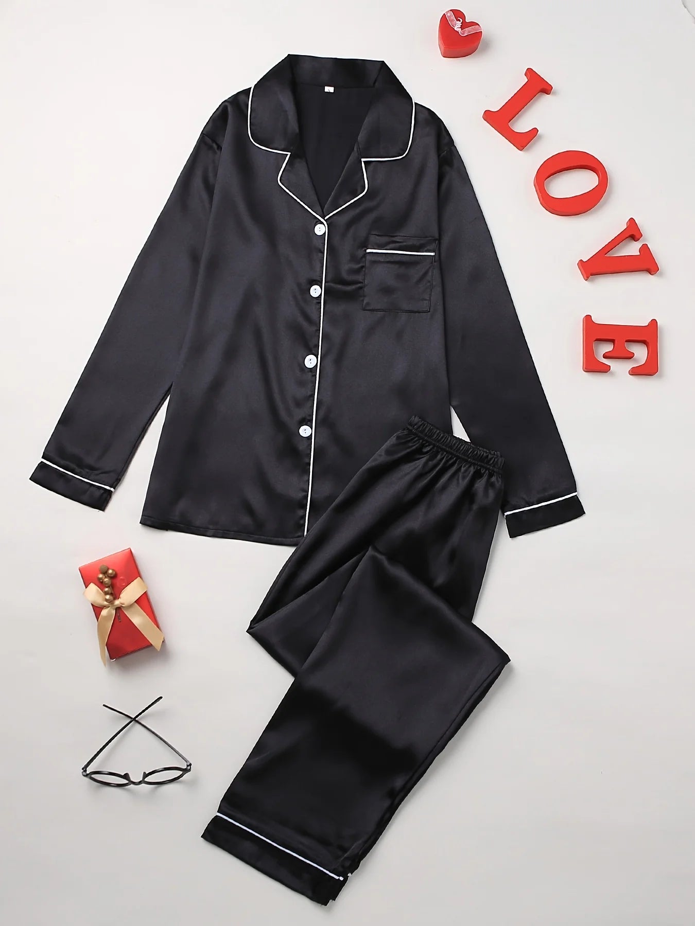 Solid Pajama Set Long Sleeve Button up Lapel Top & Pants Pj Set Women'S Sleepwear & Loungewear