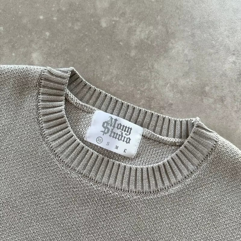Y2K Grey Long Sleeve Sweater Dollar Gothic Embroidery Pullover Goth Retro Casual Streetwear Old Money Men Boxy Knitted Clothing