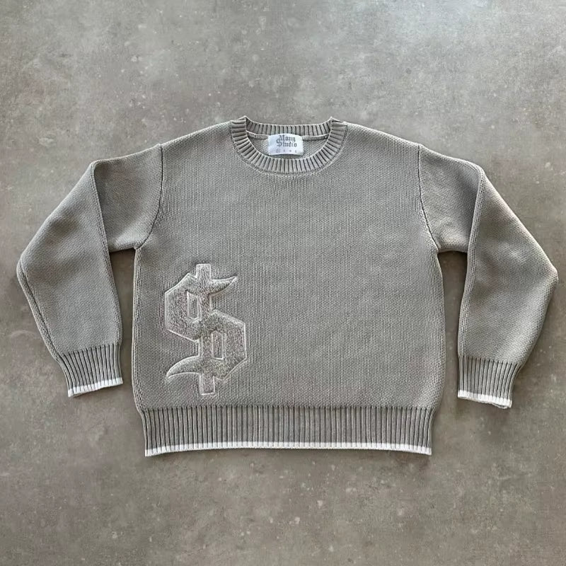 Y2K Grey Long Sleeve Sweater Dollar Gothic Embroidery Pullover Goth Retro Casual Streetwear Old Money Men Boxy Knitted Clothing
